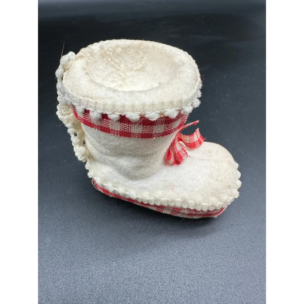 Vintage Flocked Felt Candy Boot Ornament Christmas Red Gingham‎ Ribbon Trim